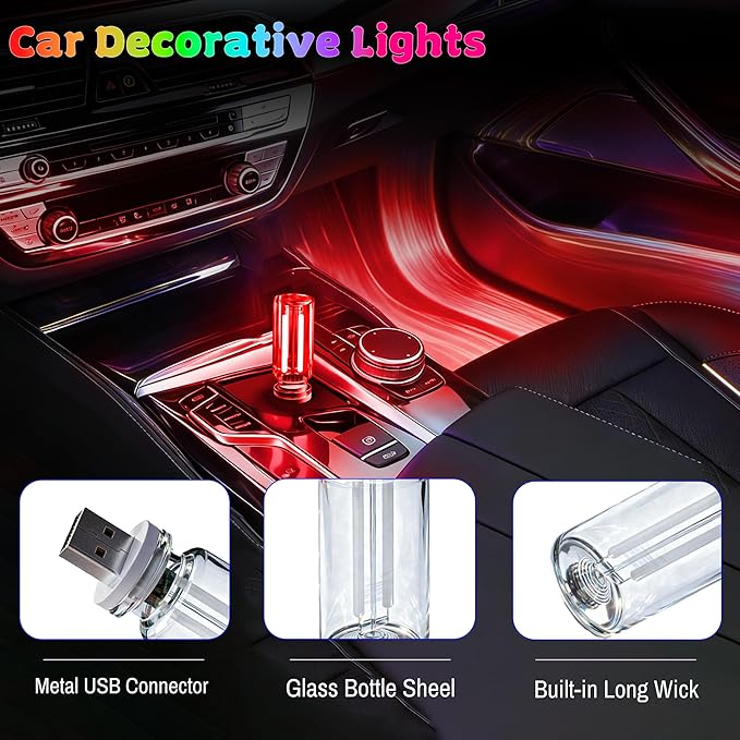 USB Car Night Light,Touch Dimmable Mini LED Lights,Portable Retro Glass Bottle Decorative Lights for Car Interior, Bedroom,Hallway & Party Decor,4-Pack (2Red&2Blue)