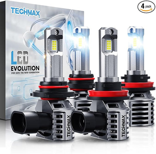 TECHMAX H 11 + 9005 Bulbs, +600% Ultra Brightness 6500K White 9005 H-11 Combo Fog Light Bulb with Cooling Fan, Plug and Play, Pack of 4
