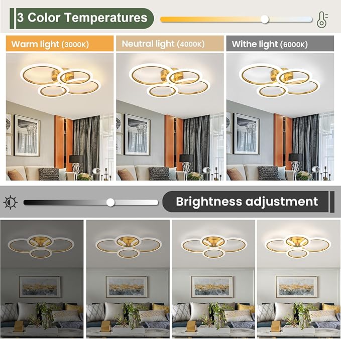 Modern LED Ceiling Light, 4 Rings LED Dimmable Flush Mount Ceiling Light with Remote Control, Gold Close to Ceiling Lamp for Kitchen Living Room Bedroom Laundry Room Ceiling Lighting Fixture
