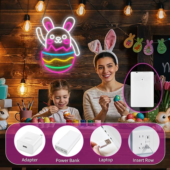 Easter Neon Sign for Wall Decor with Sticker, Waving Bunny Neon Lights, Dimmable LED Easter Rabbit Egg Window Decoration, Light Up Lamp Gift for Bedroom, Bar, Gameroom Decor, Wedding Birthday Party