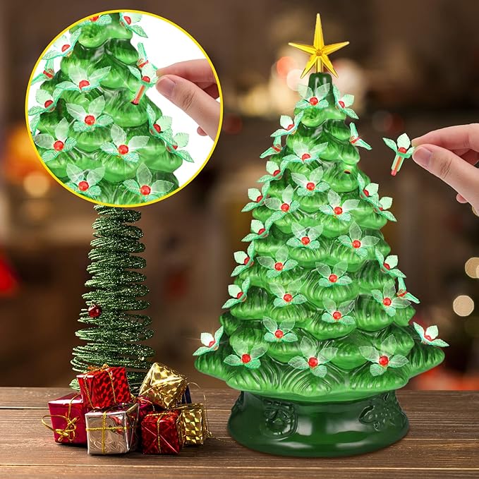 Jutom 100 Pcs Ceramic Christmas Tree Replacement Lights Plastic Vintage Green and Red Holly Ceramic Christmas Tree Lights for Halloween Christmas Ornament
