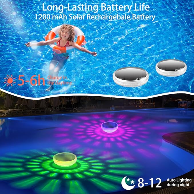 Solar Floating Pool Lights, 9 Fixed Colors ＆ 3 Dynamic RGB Color Changing, IP68 Waterproof LED Solar Pool Lights with Remote Control for Pool Fountain Garden Ponds Decor (2 Pack)
