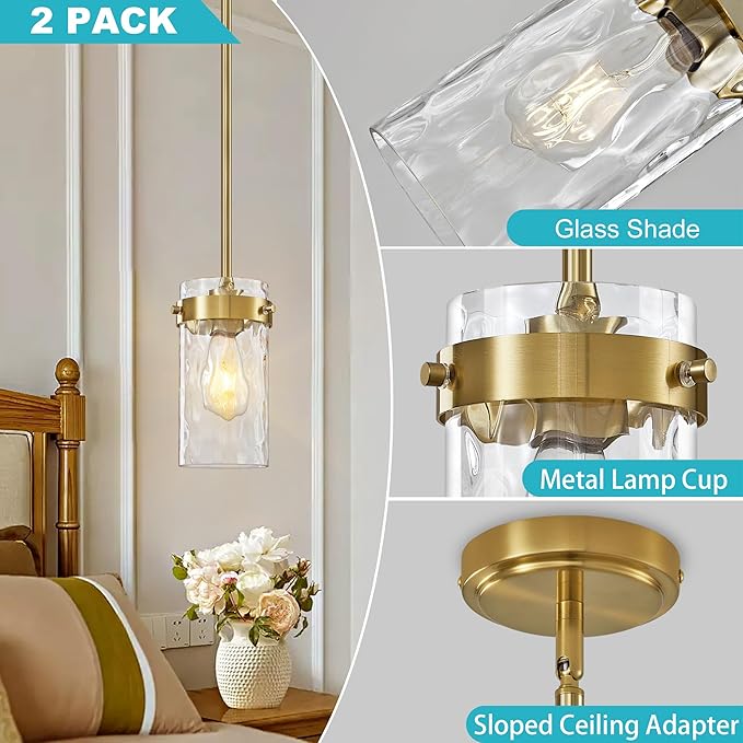 4.72" Hammered Glass Pendant Lighting for Kitchen Island 2 Pack, Modern Brushed Gold Pendant Light Fixtures, Adjustable Ceiling Pendant Light for Kitchen Island Dining Room Bedroom Hallway