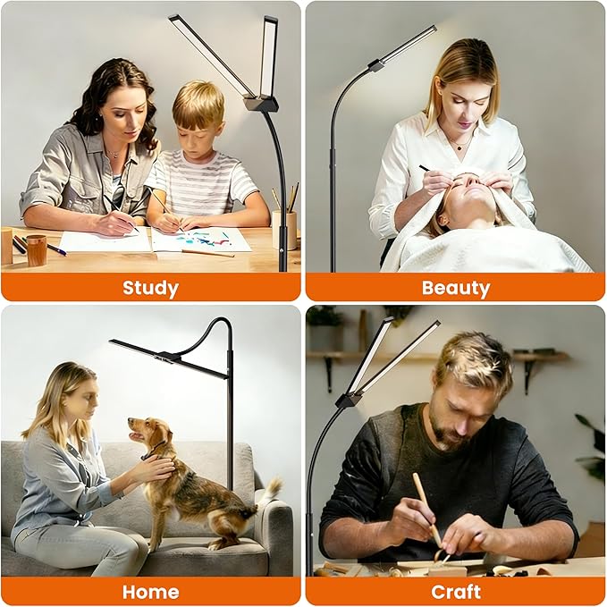 Cordless Floor Lamp LED Rechargeable - 15W Dual Head Adjustable Gooseneck Reading Light, 8000mAh Battery, Touch Control IP54 Waterproof, for Living Room, Bedroom & Emergency Lighting
