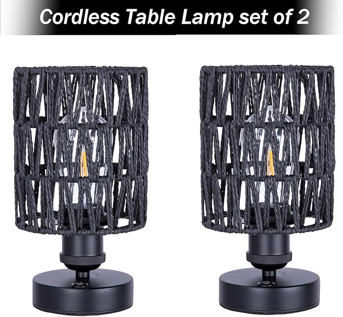 Cordless Outdoor Table Lamps, Rechargeable Rattan Boho, Dimmable Battery Operated for Patio, Home, Living Room, Bedroom, Bedside - Set of 2 (Black)