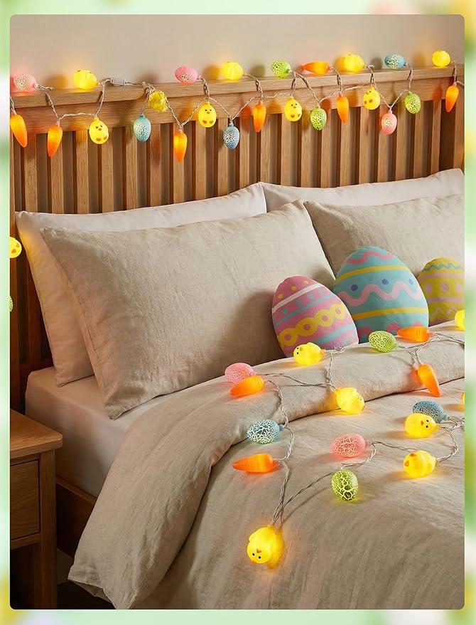 GOOTHY 8.5Ft Outdoor Easter Cracked Egg Chicken and Carrot String Lights Plug in, Hanging Easter Decorations Pastel Lights for Indoor Outdoor Spring Themed Party Patio Garden Birthday Home Decor