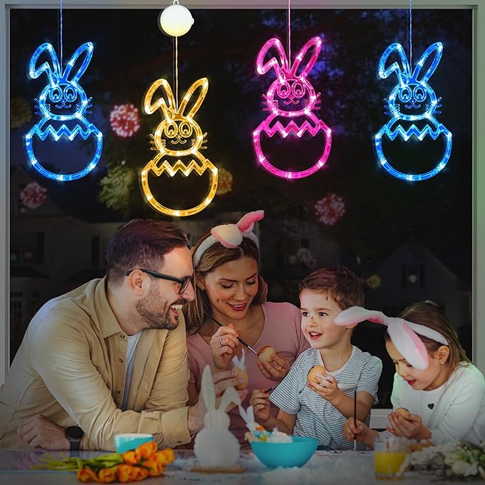 [Timer] Easter Bunny Eggs Window Lights 3 Pack, Blue Pink Yellow Easter Lights Battery Operated with Suction Cup Hook, Hanging Cute Easter Window Decorations for Indoor Home Farmhouse Decor