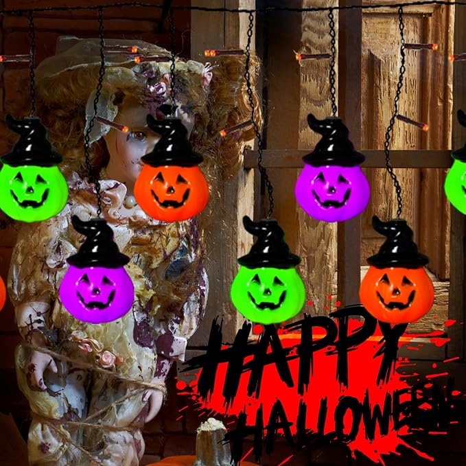 6FT 25LED Halloween Hooded Pumpkin String Lights, Icicle Light Strand with 10 Witch Hat Pumpkin Lights, 8 Lighting Modes, Battery Operated, Indoor Outdoor Holiday Decoration