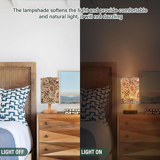 Leopard Print with Pink Floral Rose Flower Table Lamp with Wood Base Fabric Lamp Shade Bedside Nightstand Desk Lamp for Living Room Bedroom Kids Room Office
