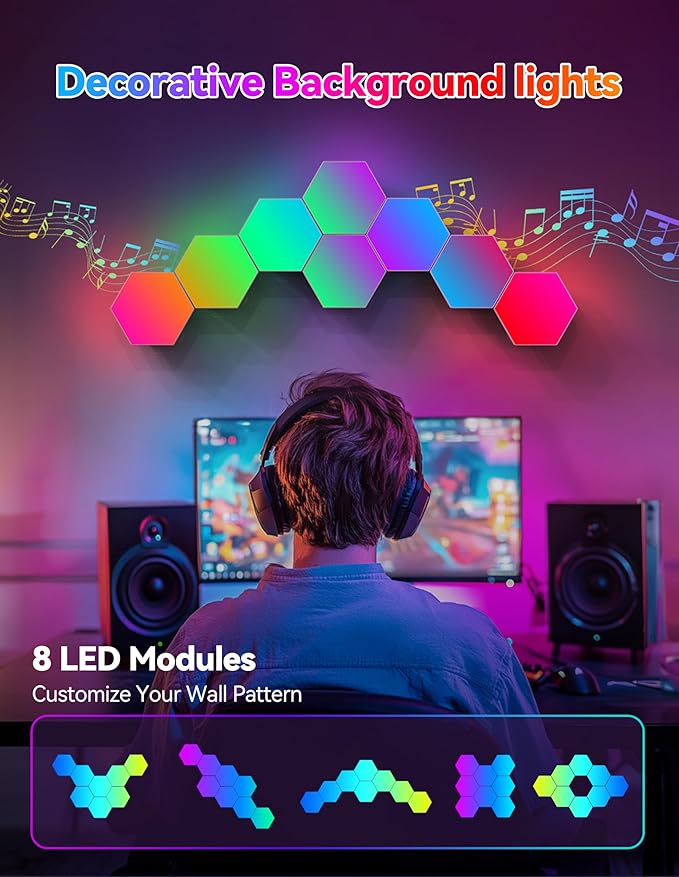 TECKNET Hexagon Light Panel - 8 Pack Smart APP RGB Hexagon LED Lights Wall Lights with Remote Control & Music Sync for Halloween Decor, Gaming Decor