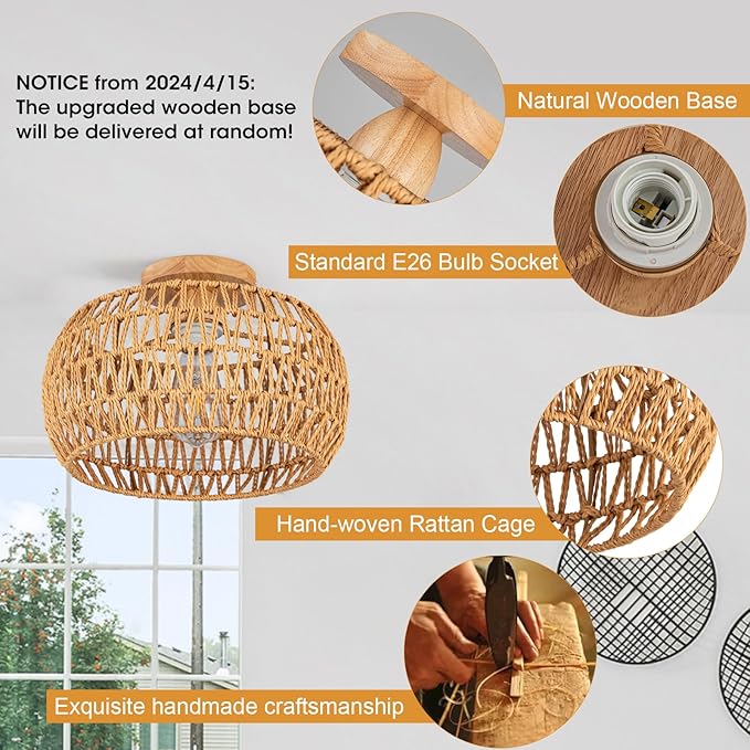 Boho Ceiling Light Fixtures Rattan Chandelier Bedroom Light Small Rattan Flush Mount Ceiling Light Hand-Woven Chandelier for Nursery Light Kitchen Farmhouse Chandeliers