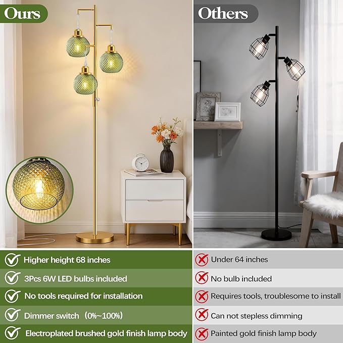 QiMH Modern Floor Lamps for Living Room, Standing Lamp with 3 Lights, 68" Tall Lamp for Bedroom, Green Vintage Glass Lamp with Stepless Dimmable for Home Decor, 3 LED Bulb Included, Brushed Gold