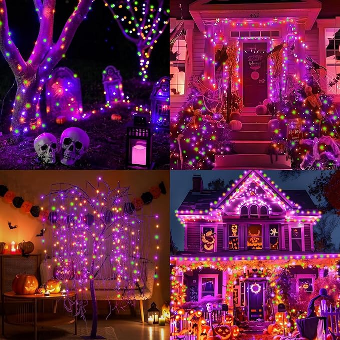 LAMPHOME Orange Purple Green Halloween String Lights Outdoor, 32.5FT 100 LED Waterproof Christmas Lights with 16 Lighting Modes for Halloween Garden Party Christmas Xmas Tree Lights Decor