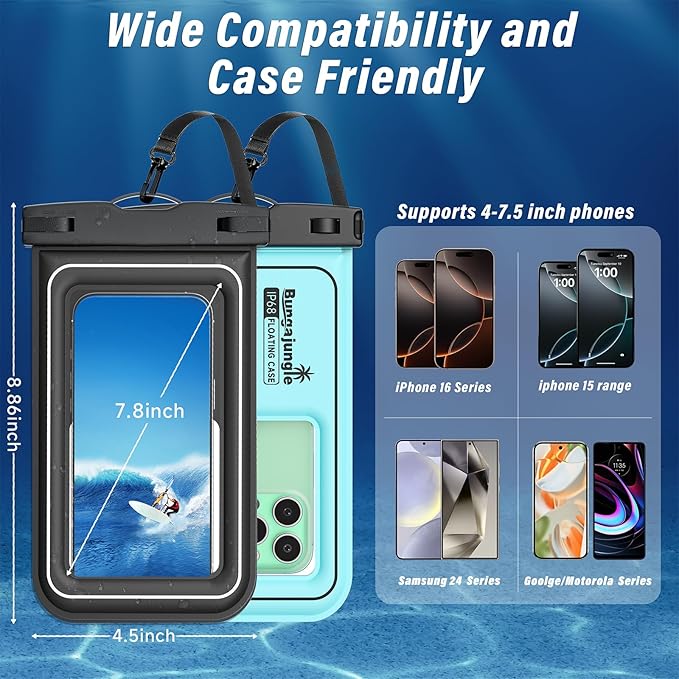 Waterproof Phone Pouch - 2 Pack IP68 Floating Waterproof Phone Case, Dry Bag Beach Cruise Essentials with Adjustable Lanyard for iPhone 16 Pro Max / 15 Pro/Galaxy S24 S23 (Black and Blue)