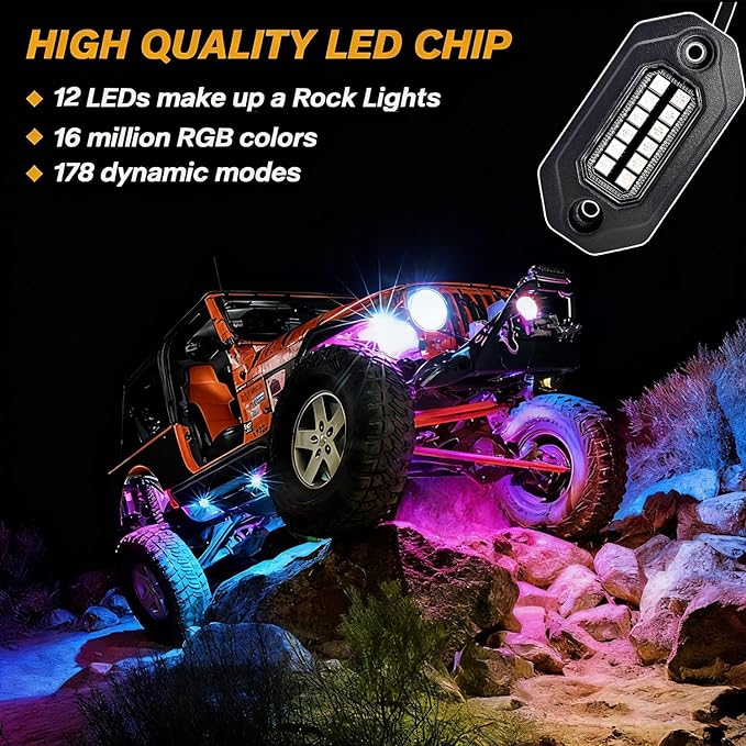 RGB LED Rock Lights Kit, 12 pods Multicolor Neon Light with Bluetooth App/Remote Control Flashing Music Mode, Aluminum Metal, IP68 Waterproof, 12v for Truck ATV UTV SUV