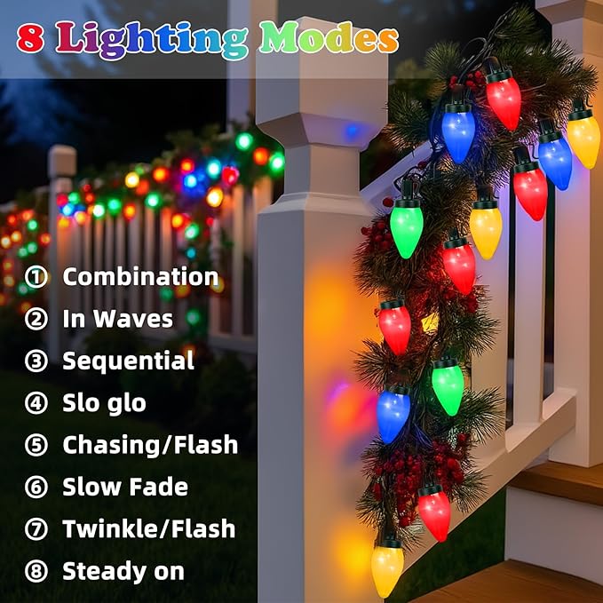 C7 100 LED Battery Operated Christmas Lights,Battery Powered Waterproofing Bulbs,34FT 8 Modes with Auto On/Off Time for Xmas Tree Garden Patio Indoor Outdoor Christmas Decor(Multicolor)