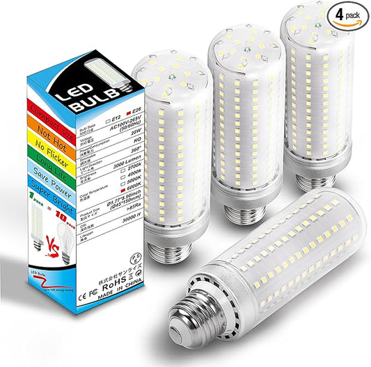 Big 1.77x 5.9 inch E26 LED Corn Light Bulb 200W Equivalent 3000 lm 6000K Cool Daylight Bright,20W E27 Medium Base Non-dimmable Candelabra Ceiling Fan Corn Lighting for Home Garage Warehouse,4Pack