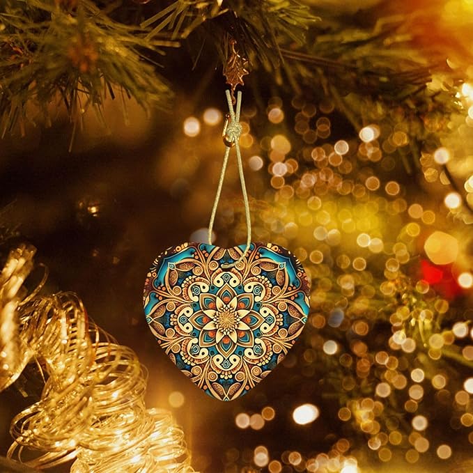 Gorgeous Mandala Christmas Ornaments, Christmas Decorations Xmas Tree Hanging Ornaments, Heart-Shaped Ceramic Festive Keepsake Gift for Christmas Decorations Home Holiday Party
