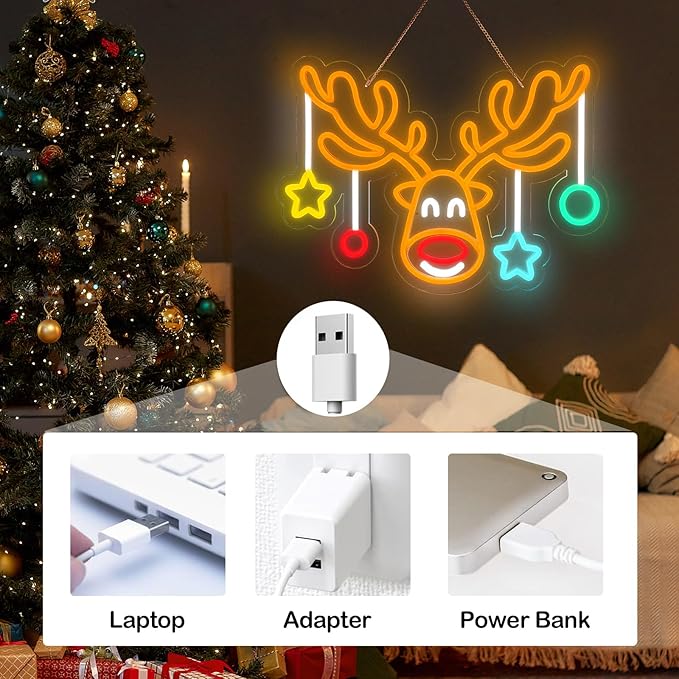 MissAudrey Christmas Elk Neon Sign for Wall Decor, Dimmable Led Christmas Window Lights, Merry Chrismas Deer Neon Sign Decorations for Bedroom Livingroom Winter Home Holiday Party Kids Gifts