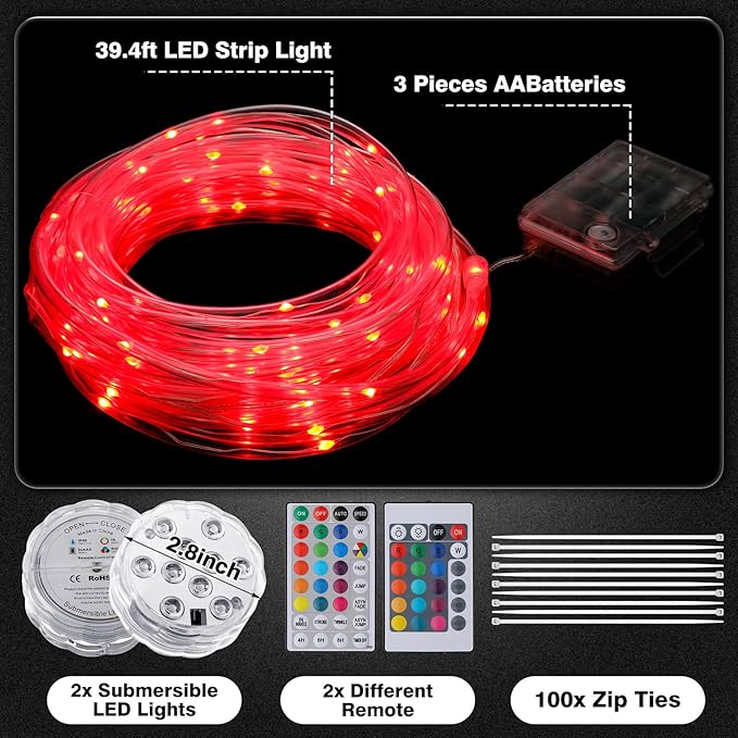 Pool LED Lights for Above Ground Pools 39.4ft Waterproof Remote Control Submersible LED Rim Lights with 2 Submersible Outdoor Rope Color Changing for Frame Pool Accessories, Trampoline Decor