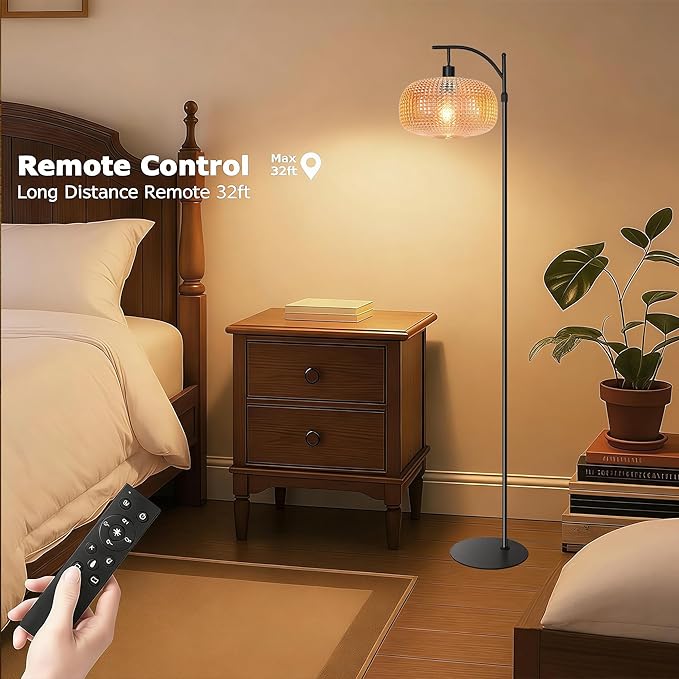 Modern Floor Lamps for Living Room, Dimmable Tall Standing Lamp with Amber Shade & Remote Control, Glass Floor Lamps for Bedroom Office Corner, 1 x 12W LED Bulb Included