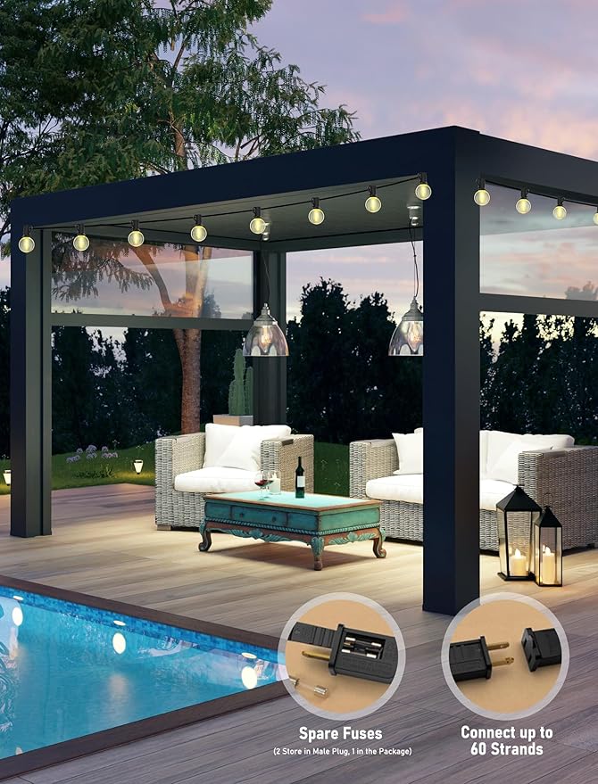 Abeja 25Ft LED Outdoor String Light, G40 Globe LED Patio Lights with 14 Edison Plastic Bulbs(2 Spare)，Waterproof Connectable Hanging Lights for Backyard Porch Balcony Party Decor, Black