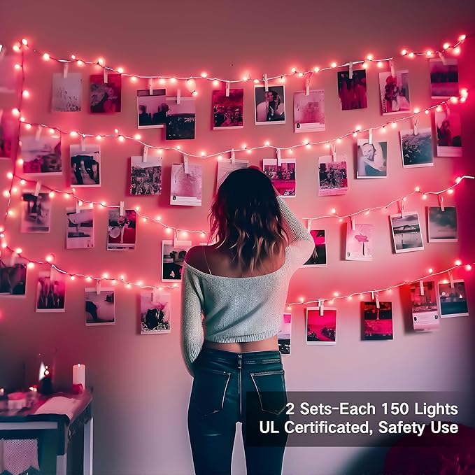 Brizled Pink Valentine Lights,300 Count 69.6ft Incandescent Pink Lights, Connectable Indoor String Light White Wire, UL Certificated Mini Christmas Tree Light for Bedroom Wedding Birthday Xmas Decor