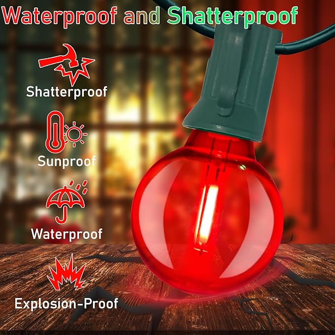 50Ft Clear Red and Green Outdoor LED Lights,G40 Globe Patio Christmas String Lights with 25 Ceramic Colorful Bulbs(2 Spare),Outside Christmas Hanging Lights for Christmas Tree Roofline Holiday Party