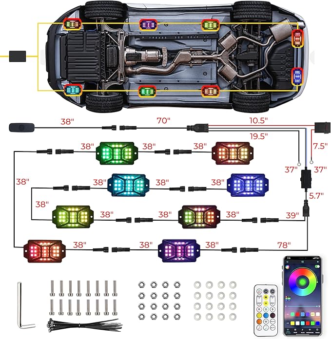 8 Pods Full Angle RGB Rock Lights Compatible with 12V Trucks Jeep UTV SUV ATV Boat Golf Cart, Waterproof, Multi-Color,Brake Light, App/Remote Control Led Rock Lights with Music Mode