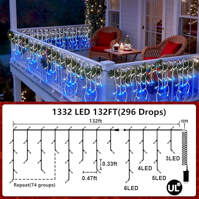 1332 LED 132ft Christmas String Lights Outdoor, 12 Modes Dimmable Curtain Lights with 296 Drops, Waterproof Fairy Lights with Timer for Bedroom Window Holiday Wedding Home Xmas Decor, Blue & White