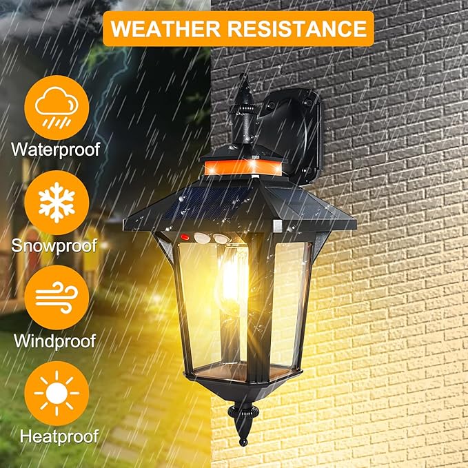 Solar Powered Wall Lantern Lights Outdoor with 3 Modes, Motion Sensor Solar Wall Light Waterproof, Dusk to Dawn LED Exterior Front Porch Lights Fixtures Wall Mount for Garage House Patio Doorway Yard