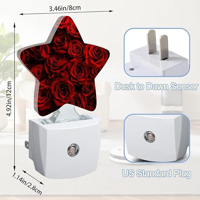 Red Rose Flowers Nightlight,Romantic Roses Star Night Lights Plug into Wall Decorations for Bedroom Bathroom,Dusk to Dawn Sensor Kitchen Hallway Stairs Energy Efficient Desk Lamp