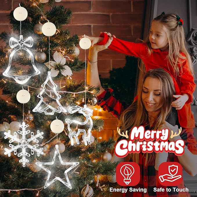 Asaint 5Pcs Christmas Window Lights Decorations,Lighted Bell Tree Reindeer Snowflake Star Battery Operated with Suction Cup for Christmas Window Glass Wall Indoor Decorations Muti-Color (White)