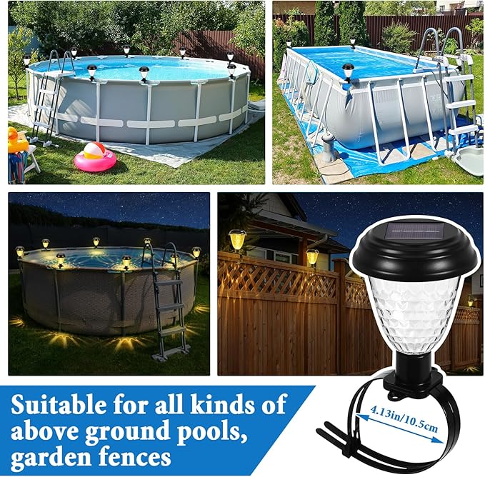 8 Pack Solar Pool Lights for Above Ground Pools, IP65 Waterproof LED Solar Charging and Auto Lights at Night, Essential Accessory for Summer Backyard Fence, Swimming Pool Enclosure Warm Lighting