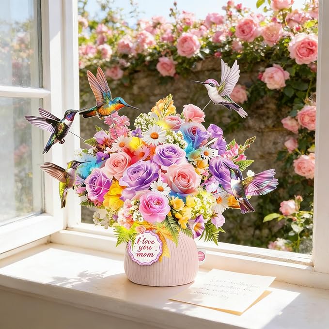 Mothers Day Card with Music & Lights, 3D Pop Up Mothers Day Gift, Hummingbird, 10 Inch Life Sized Forever Flower Bouquet Birthday Card For Mom, Women, Wife