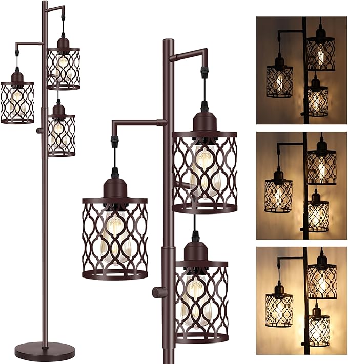 68" Farmhouse Floor lamp, Dimmable Industrial Floor Lamps for Living Room, 3 Light Rustic Standing Tall Lamp Including 3 PCS 6W E26 Bulbs, Tree Floor Lamp for Bedrooms Room, Office, Bar, Brown