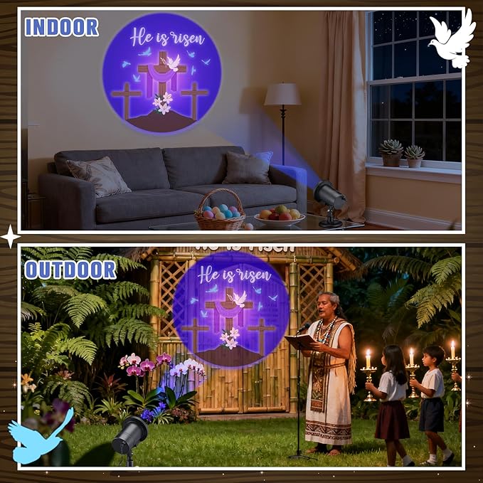 Easter He is Risen Outdoor Projector Christian Themed Holy Week Scene Vivid Holiday Projector Decorations for Garage Yard Garden Porch Door Wall Decor Party Gifts