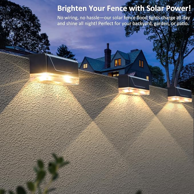 2PK Solar Fence Lights Outdoor - 3000/4000/6000K 3 Mode, IP65 Waterproof Fence Lights Solar Powered, Dusk to Dawn Solar Light for Outside, Backyard/Step/Patio/Deck/Stair Railings and Wall
