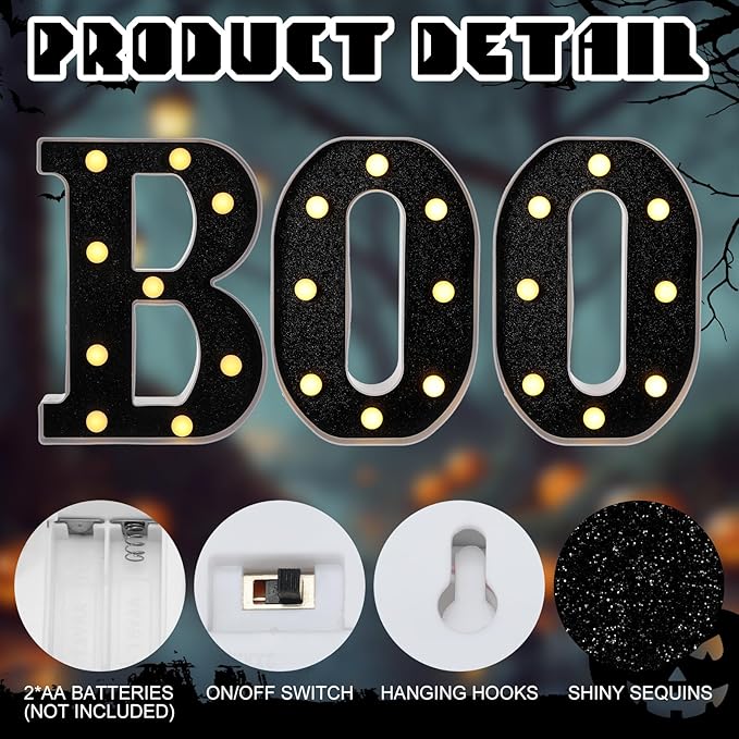 Baquler 3 Pcs Halloween Boo Decorations Light up Boo Sign Marquee LED Letters Lights Decor for Halloween Outdoor Home Room Kitchen Fireplace Tabletop Party Supplies (Black)