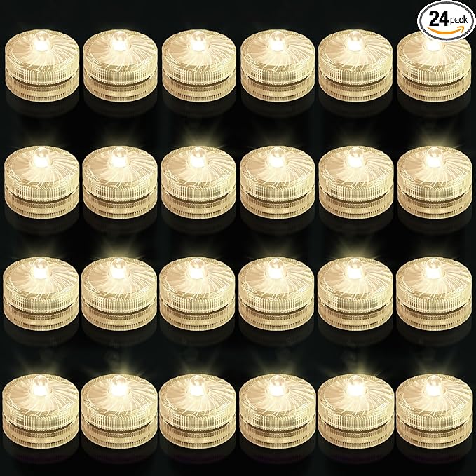 Submersible LED Light, Warm White Waterproof Flameless Candle Tealights, Underwater Pool Lights for Vases Weddings Table Centerpieces Festivals Events Parties Christmas Decor(24 Pack)