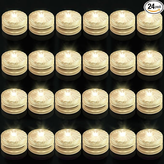 Submersible LED Light, Warm White Waterproof Flameless Candle Tealights, Underwater Pool Lights for Vases Weddings Table Centerpieces Festivals Events Parties Christmas Decor(24 Pack)