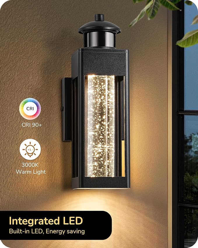 EDISHINE Motion Sensor Porch Lights Outdoor, Dusk to Dawn Exterior Lighting Fixtures with Crystal Bubble Glass, LED Outside Wall Sconce Lantern for Garage 1100 Lumen
