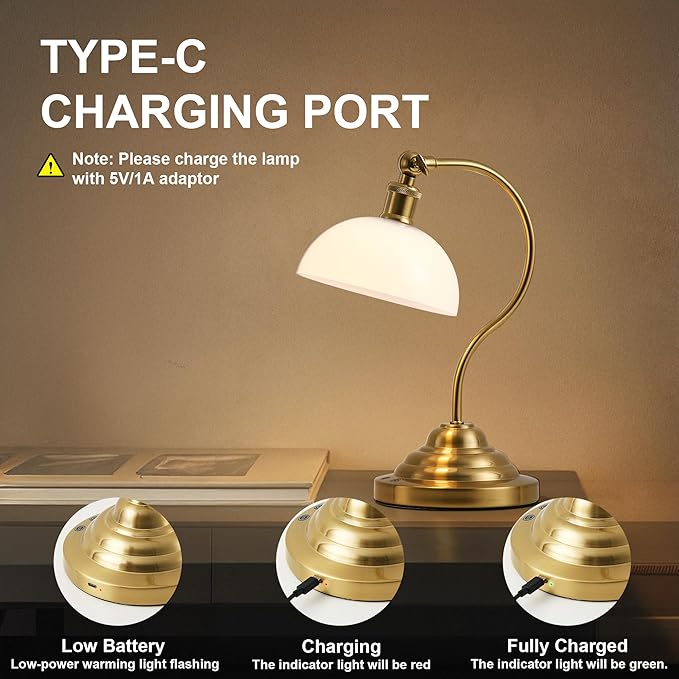 Cordless LED Table Lamp, Battery Operated Desk Lamps with Swing Arm & Plastic Shade, Vintage Small Rechargeable Dimmable Light for Bedroom, Living Room, Nightstand, Brass/White