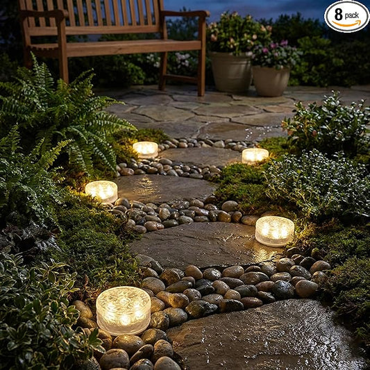 Solar Brick Lights Outdoor Waterproof - Recessed Solar Paver Lights, Ice Brick Design, No Wiring Needed,Landscape Lighting for Pathway,Garden, Patio, Yard, Driveway Decor (8, Warm White, Round)