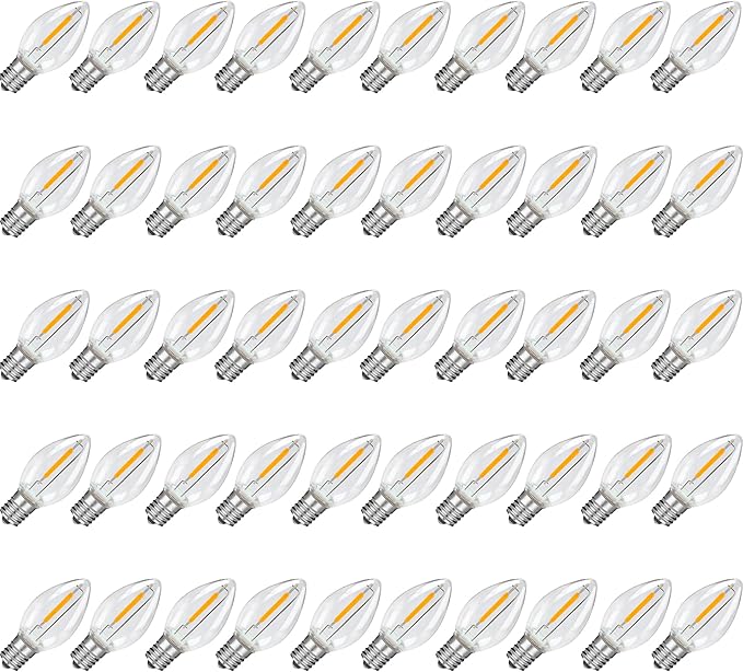 50Pack LED Night Light Bulbs, C7 Shatterproof Replacement Led Bulb for String Light, E12 Base Salt Lamp Bulbs, 0.6W Equivalent to 7W, Warm White 2200K, 50LM