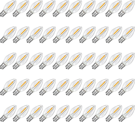50Pack LED Night Light Bulbs, C7 Shatterproof Replacement Led Bulb for String Light, E12 Base Salt Lamp Bulbs, 0.6W Equivalent to 7W, Warm White 2200K, 50LM
