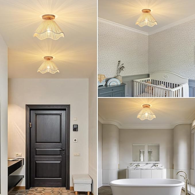 D12.5 Inch Boho Light Fixtures Flush Mount Mini Chandelier Woven Rattan Ceiling Light Fixture for Bedroom Hallway Bathroom Nursery Room