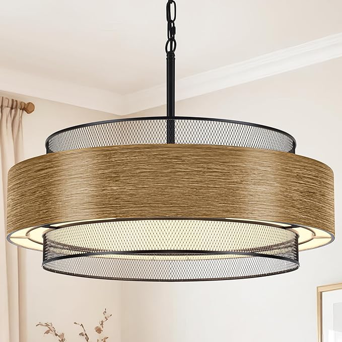 23.6 inch Farmhouse Chandeliers for Dining Room, 6-Light Rustic Large Black Drum Chandelier Metal Imitation Wood Round Hanging Lighting for Entryway Kitchen Island Foyer Bedroom Living Room