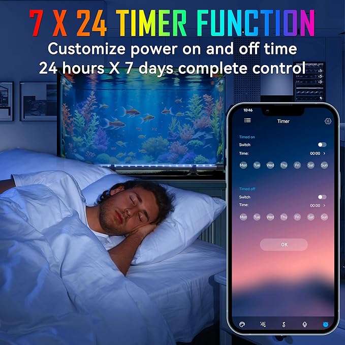 Smart App-Controlled RGB LED Aquarium Light with 16 Million Colors & 12 Dynamic Effects, Underwater Fish Tank Light with Timer, Submersible LED Lights with Adjustable Brightness and Speed - 23''