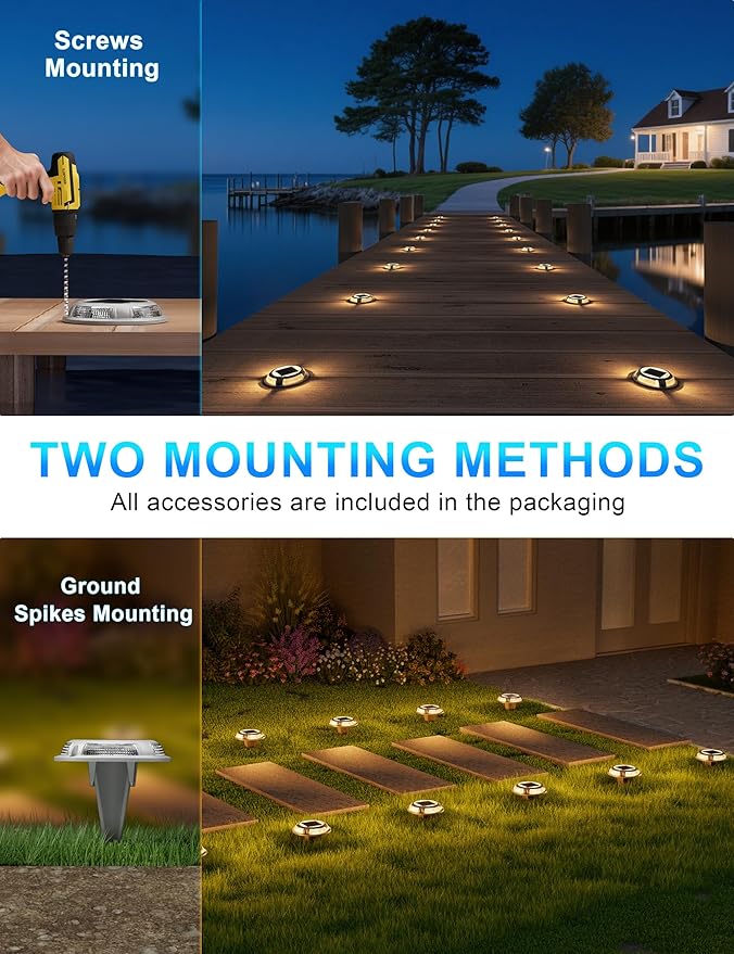 VOLISUN Solar Driveway & Deck Lights 12 Pack Waterproof Dock & Marine Ground Lights,2-in-1 Warm White & White LED,Solar Marker for Pathways,Steps,and Warning Signs,Auto On/Off